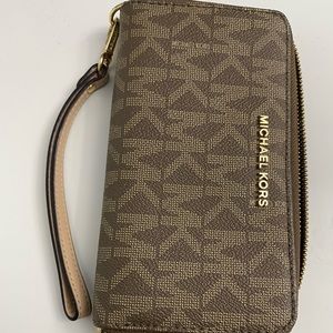 Brown MK Michael Kors monogram wristlet